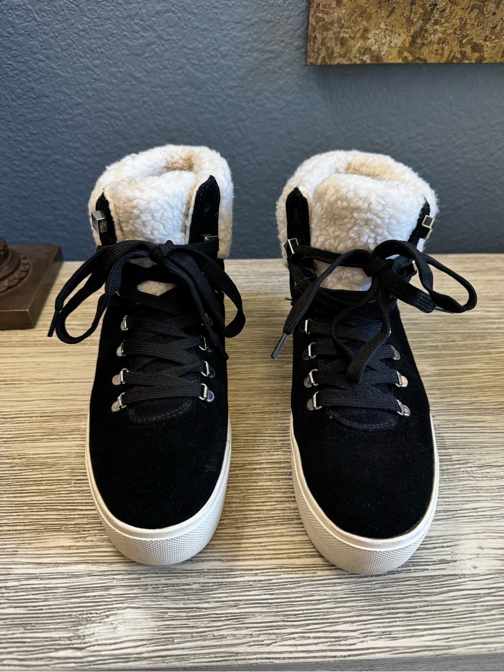 Marc Fisher Black Suede Lace-Up Sneakers with White Sherpa Collar - EUC!!!